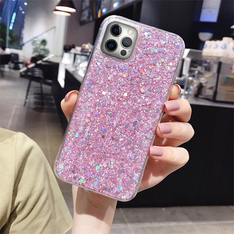 coque-paillettes-rose-iphone-12