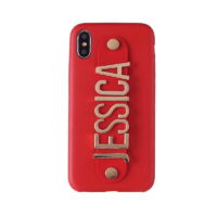coque cuir rouge avec support nom prénom personnalisé