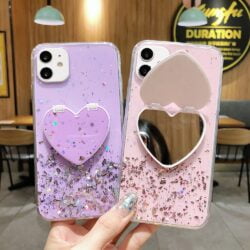 Coque iPhone festive avec coeur miroir et paillettes