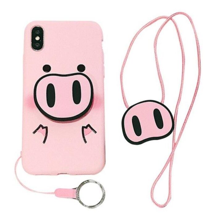 Coque iPhone Cochon rose avec truffe 3D et Dragonne