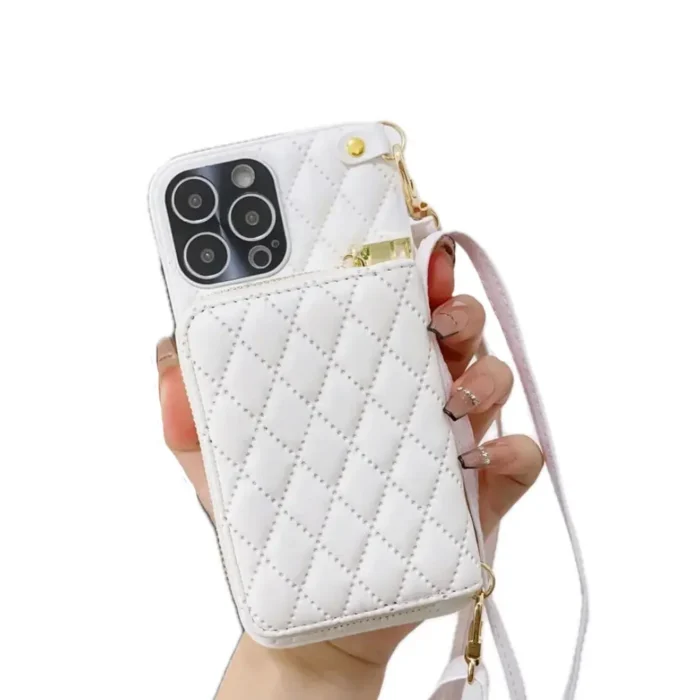 Coque Téléphone avec Cordon Blanc et Portefeuille pour iPhone