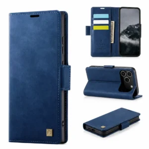 Étui iPhone 17 Bleu avec porte-cartes et support.